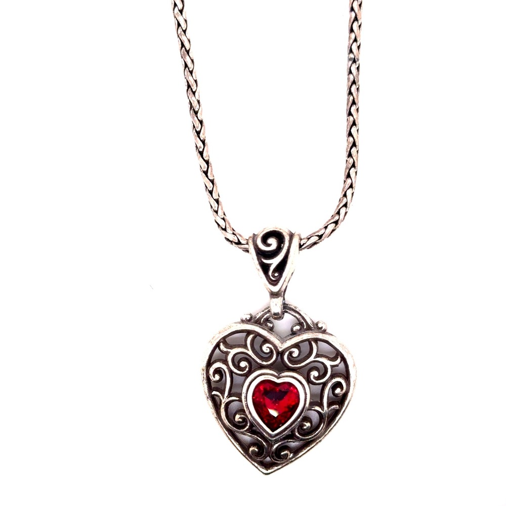 Brighton Silver Tone Red Crystal Love You Scroll Heart Pendant Necklace 16-18"